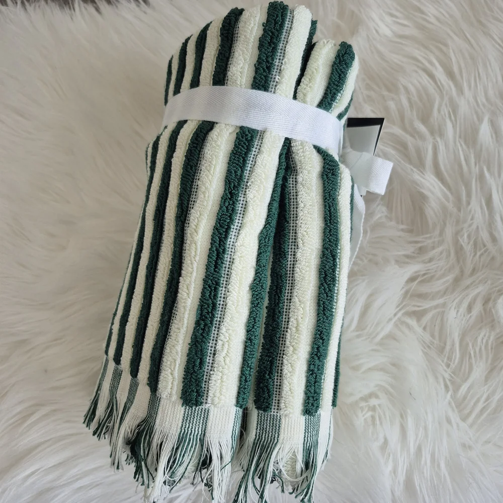 (New) Rachel Zoe Modern Stylish Green & White stripe Hand Towels 2pc